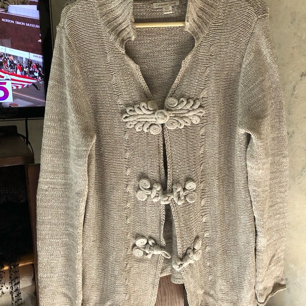 Coldwater creek beige tan coat sweater with Chinese style closures slight sparkl